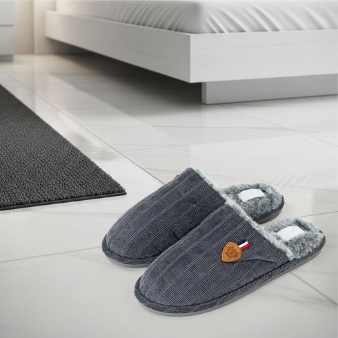 Mens Slip On Faux Fur Mule Slipper - Black
